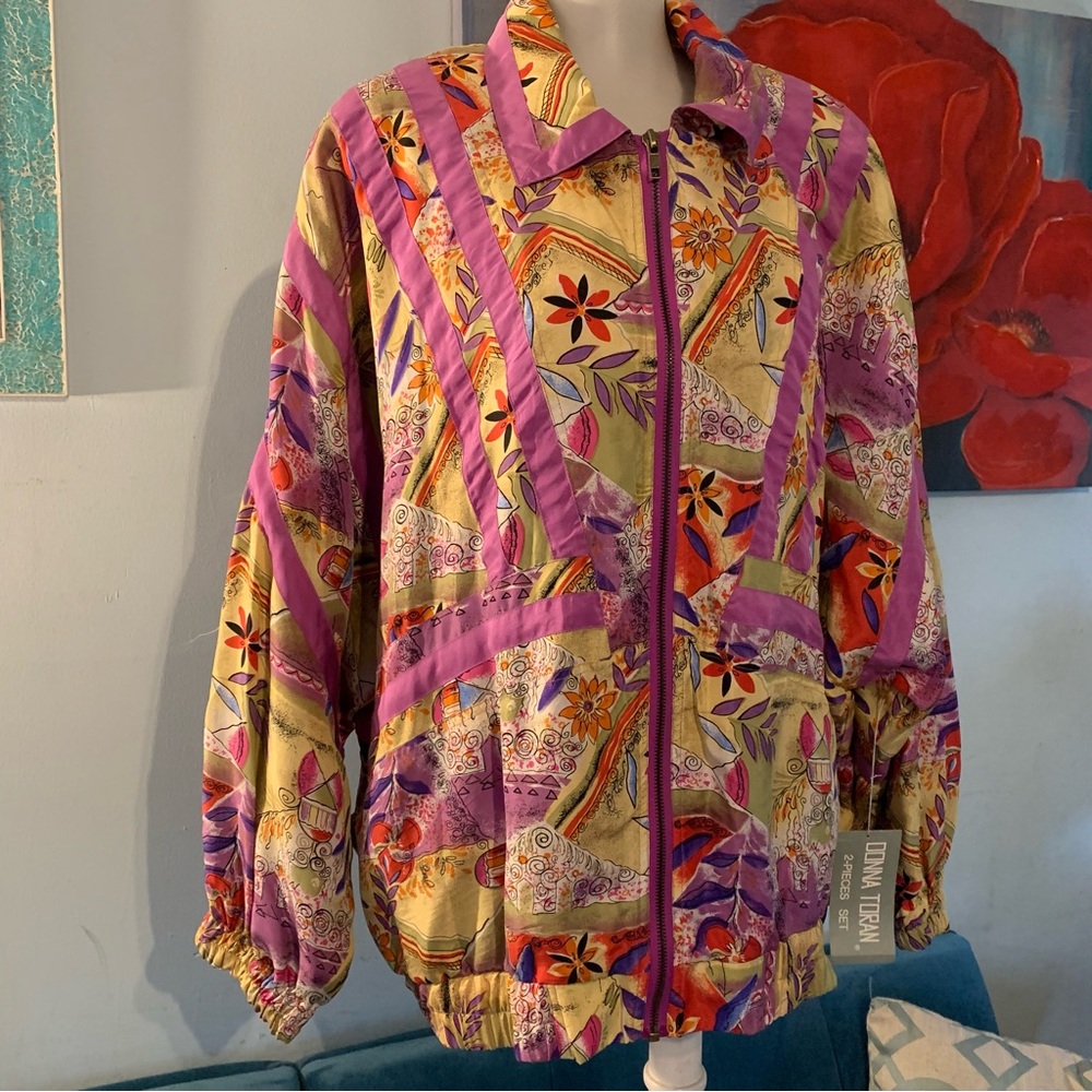 Vintage Donna Toran L Large Abstract 100% Silk Track Jacket New Deadstock NWT